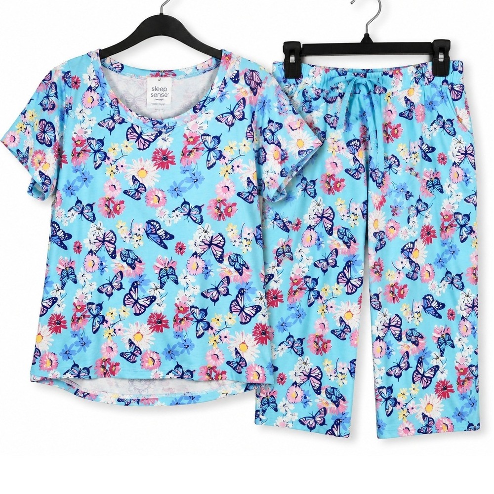Sleep Sense Pajama Set Womens 3X Blue Butterfly Floral Capris Short Sleeve Tee